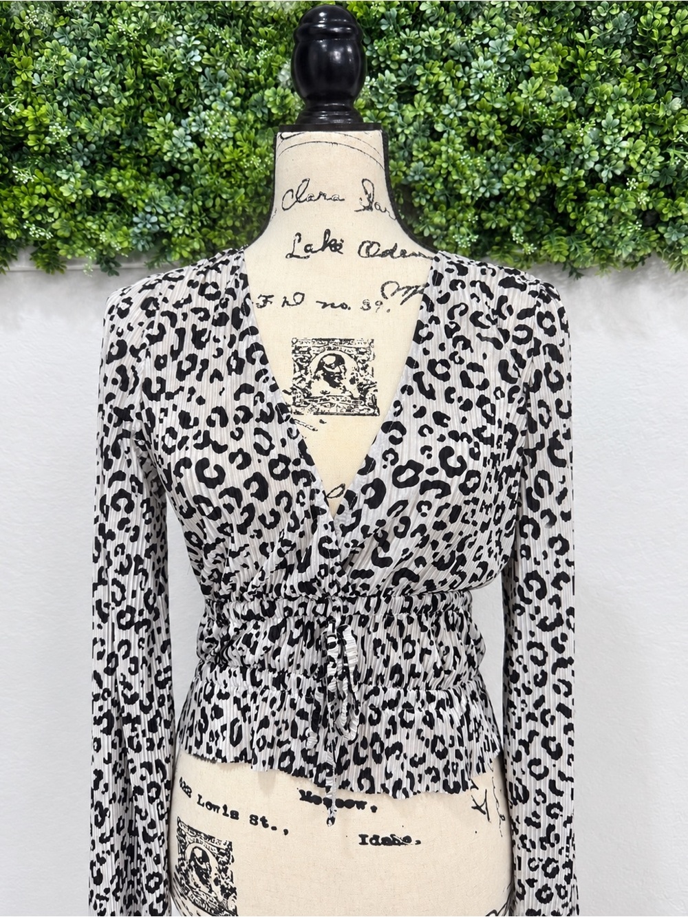 Zara Leopard Print V-Neck Ruched Peplum Long Sleeve Top Size Small